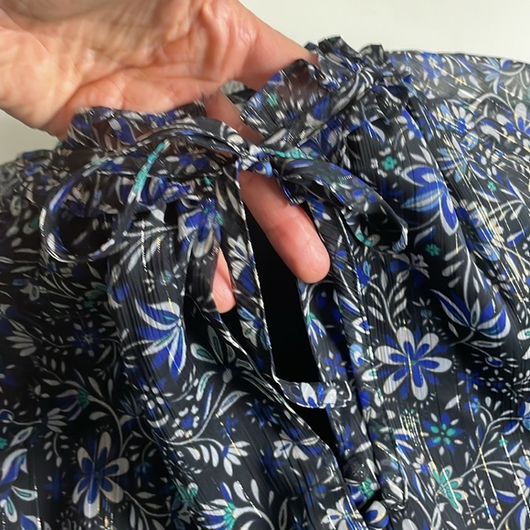 Loft Black-Blue-Green-Gray Flower Print Lined Sheer Long Sleeve Tunic- Medium - Picture 8 of 16